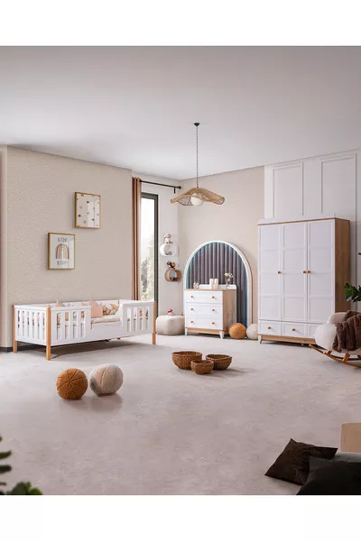 Camera per bambini Berlin Quercia, Comò con 3 ante in noce Berlin, Letto Berlin