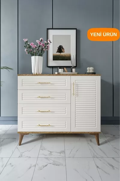 خزانة ذات 4 أدراج و1 باب مزخرفة بمصراع، تصميم حديث، باب من MDF، لون عاجي وجوز