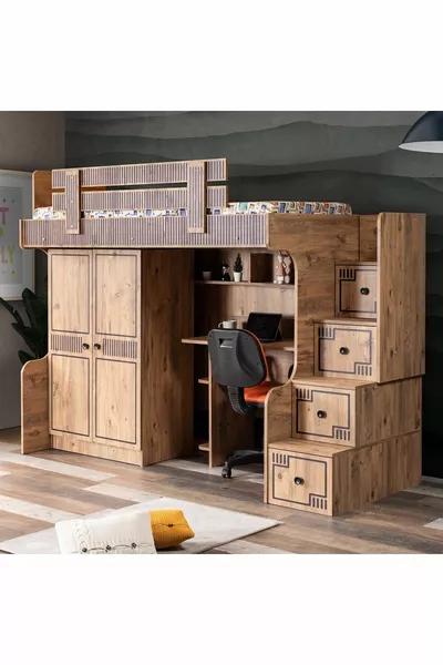 Кровать-чердак, натуральная кровать-чердак, шкаф, стол