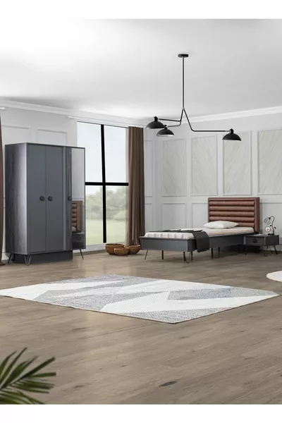 غرفة نوم جيل جديد باللون الأسود - خزانة ببابين، سرير، طاولة جانبية