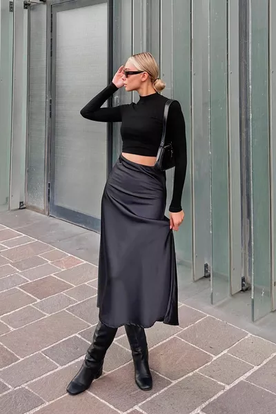 Black Straight High Waist Women's Midi Length Satin Skirt