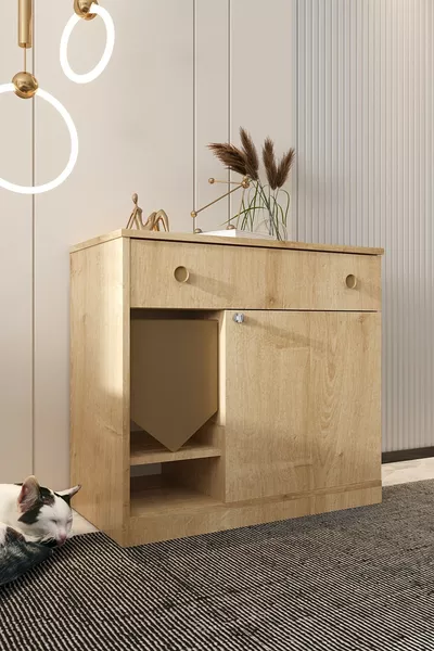 توبيلت خشبي للقطط من نوع مونا مع درج - الغطاء قابل للإغلاق - القماش مشمول - صندوق الرمل غير مشمول - بلوط زفير