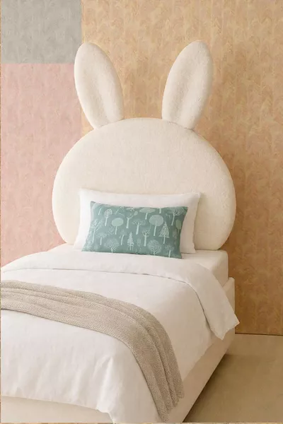 Yatak Başlığı, Beyaz Peluş, Tek Kişilik Baza Başlığı, Tavşan Peluş yatak başlığı