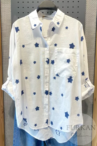 Damenbluse aus dünner Baumwolle mit weißem Stern-Stickerei