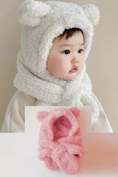 Avis Kinder Hooded Pluche Muts Sjaal Welsoft Nekwarmer Winddichte Muts met Oren Roze