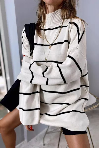 Women's Beige High Neck Oversized Sweater Tunic