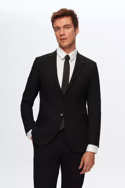 Abito da uomo Ds Damat Slim Fit nero liscio con Lycra, collo mono, spacco doppio, foderato