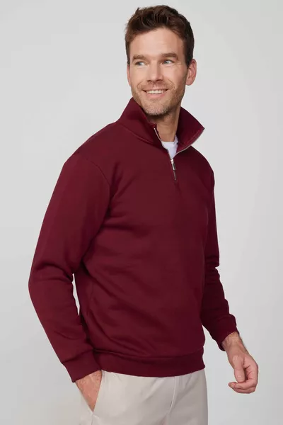 Унисекс Суитшърт с релаксирана кройка, удобен, памучен, подплатен с полар отвътре, с половин цип и висока яка, бордо