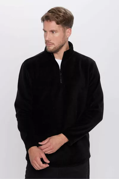 كنزة باردة بدون تساقط الوبر، بقصة مريحة مناسبة للجنسين، سوداء، بياقة طويلة من الصوف المزخرف