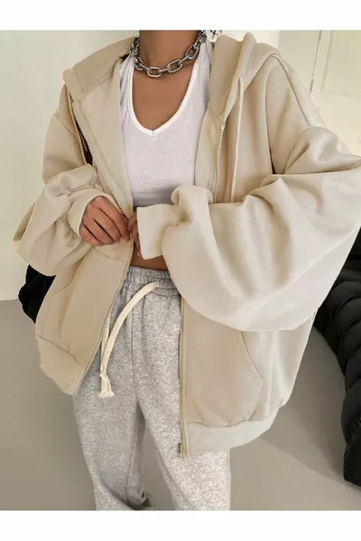 كنزة نسائية بأكمام بالون بسحاب وتفصيل بغطاء رأس باللون البيج