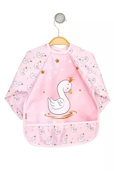 Pink Swan Pattern Waterproof Long-Sleeve Feeding and Activity Bib Baby Bib