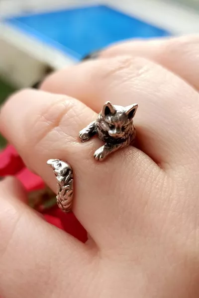 Antique Silver Plated Handmade Adjustable Cat-Shaped Women's Ring