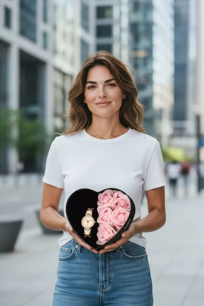 Orologio da polso da donna in metallo rosa - Confezione regalo con rose finte rosa - tr