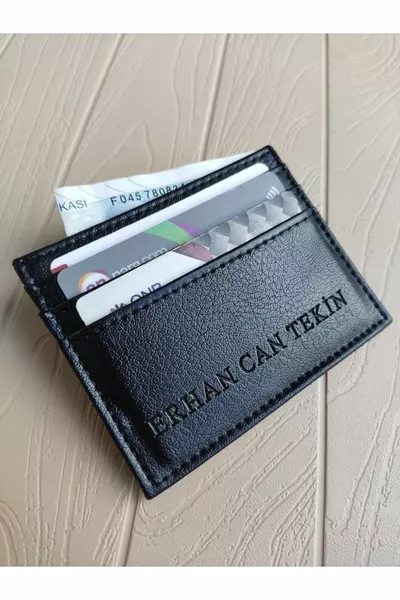 محفظة بطاقة مصنوعة من الجلد الصناعي الأسود للجنسين مع اسم مطبوع ومخصصة