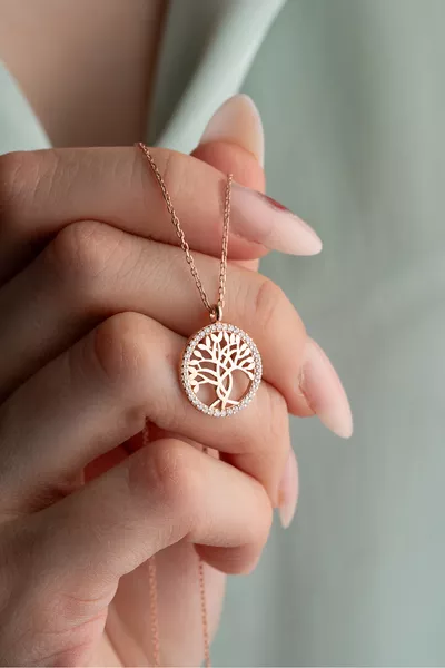 Sterling Silver Rose Plated Tree of Life Necklace