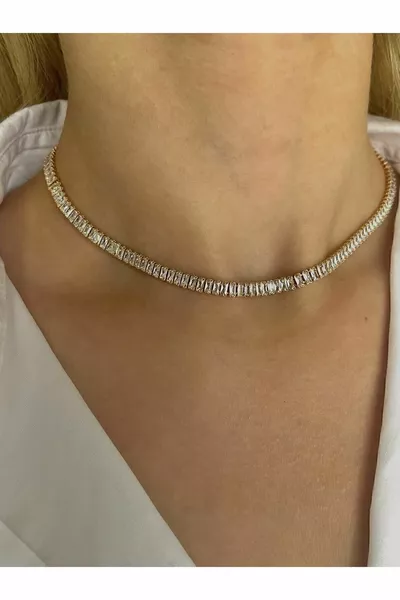 Gold-Plated Baguette Necklace with Zircon Stones, Waterway Design, Gold Color