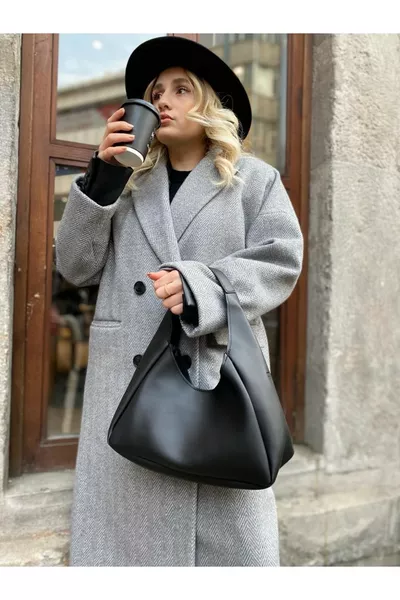 Women's Black Faux Leather Handbag and Shoulder Bag with Zippered Inner Compartments