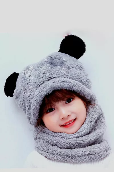 Сиво панда детско плюшено зимно шапка с качулка и шал