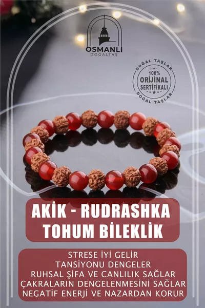 Sertifikalı Akik - Rudrashka Tohum Doğal Taş Bileklik 8 Mm - 