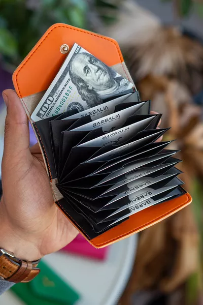 محفظة نسائية جلد نباتي ليفيف بأكورديون برتقالي حاملة بطاقات