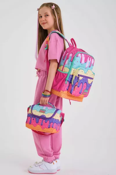 Kids Pink Colorful Ice Cream Pattern 3-Piece School Bag Set 