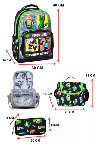3-Piece Elementary School Green Printed Boys' Backpack with Lunch Box and Pencil Case