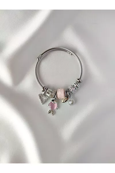 Silver Color Steel Bracelet with Pink Fish Charm