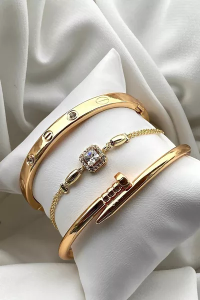 Holiday Special 3-Piece Gold Stone Bangle, Nail & Stone Adjustable Bracelet Set