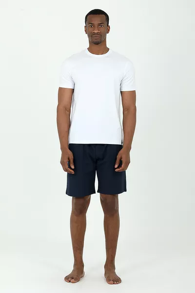 طقم قميص تي شيرت وشورت من قماش وافل باللون الأزرق الداكن