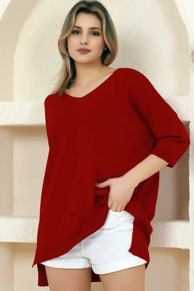 Pull-over basique en tricot ample, col en V, manches mi-longues, dos long, devant court avec fentes, coupe décontractée, saisonnier