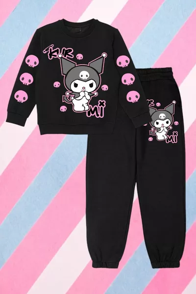 Горна черна блуза с велосипедна яка, долна черна долна част с принт Kurmi, комплект за момиче, оувърсайз суитшърт и спортен екип