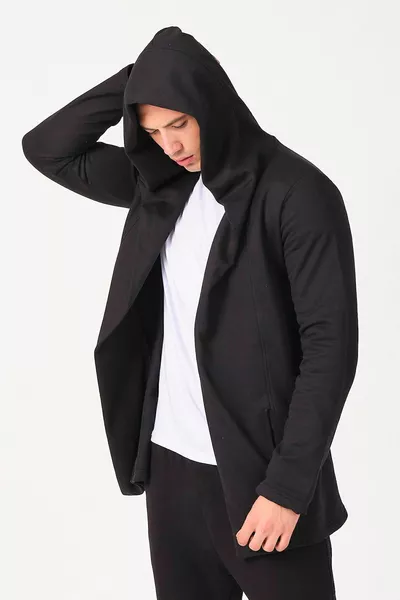 Heren Zwarte Regular Fit Hoodie Lange Poncho Vest
