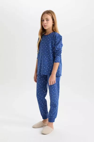 Girls' Pajama Set, Patterned Long-Sleeve Top with Elastic Waist Long Bottom WN