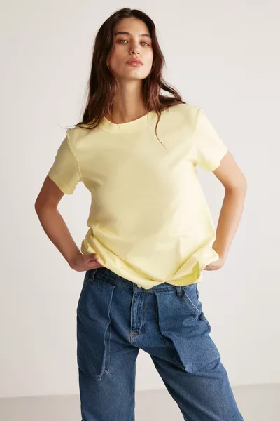 T-shirt Femme Samantha Comfort Fit en Coton % Bio, Dos Long, Tricot Basique, Jaune Clair