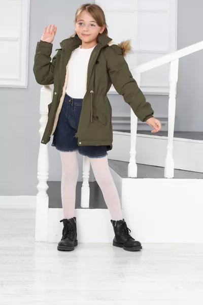 معطف طويل للفتيات مع بطانة من الفرو، مقاوم للماء والرياح، مع قبعة قابلة للإزالة