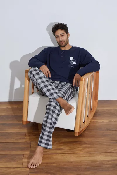 طقم بيجامة رجالي بأكمام طويلة من القطن الفاخر (رفيع) مع مربعات