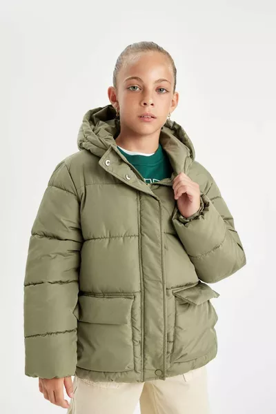 Girls' Waterproof Puffer Jacket with Hood, Fleece Lined, Zippered Pockets AU