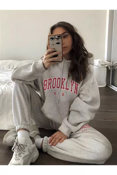 Brooklyn USA Hooded Set Sweatshirt and Sweatpants Combo - Gray Printed Oversize with Elastic Ankles