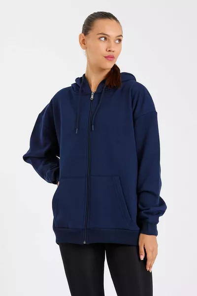 Синий свитшот для женщин оверсайз с капюшоном, карманом-кенгуру, на молнии, с внутренней стороны хлопковый