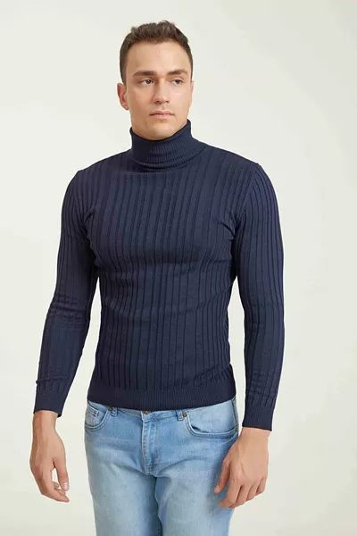 Вталена кройка тъмносин кадифен памучен плетен пуловер с водолазка