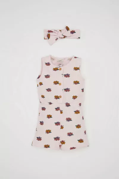 Baby Girl 2-Piece Set Floral Waffle Sleeveless Romper with Headband HS