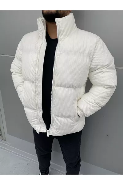 معطف مبطن أبيض من المخمل المخطط