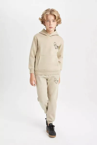 Jungen-Sweatshirt mit Aufdruck, Tasche und Kapuze für die Schule AU