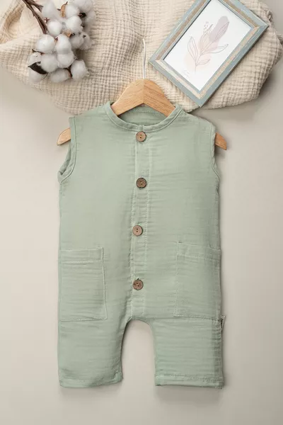 Organischer Musselin Sommer-Babykörperanzug mit Taschen in Naturfarbe