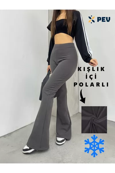 Pantalon legging femme taille haute en tissu stretch fumé, gainant, doublé polaire, à effet peluche, style pattes d'eph pour l'hiver