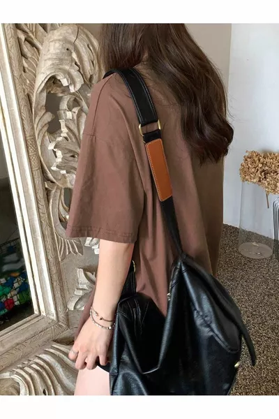 Тениска с хиляда единични трико - кафява щампа оверсайз тениска с къс ръкав с кръгло деколте