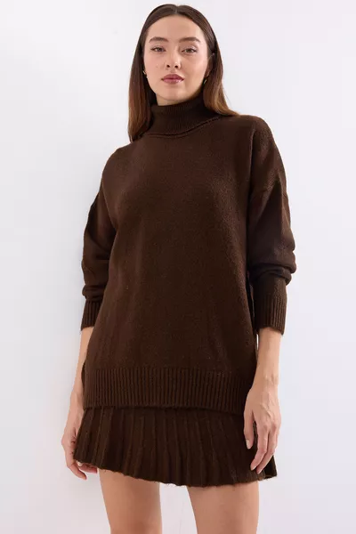  Sweater Skirt Knit Two-Piece Set - Brown