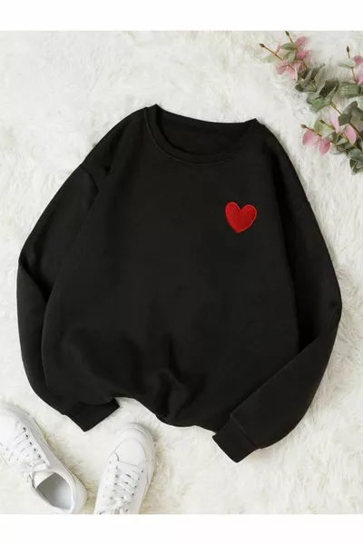 Kırmızı Minimal Kalp Sweatshirt - Siyah Baskılı Oversize Kalın Kışlık Bisiklet Yaka