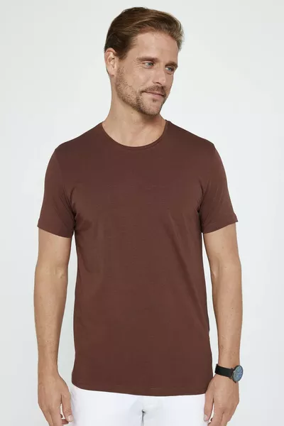 Heren Slim Fit Strakke Snit Katoen Zachte Textuur Elastische Stof Effen Basic Bruine Ronde Hals T-shirt