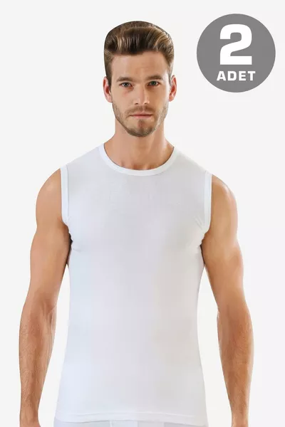 تيشيرت رجالي أبيض من القطن بأكمام قصيرة وياقة دائرية بلا أكمام، طقم من قطعتين